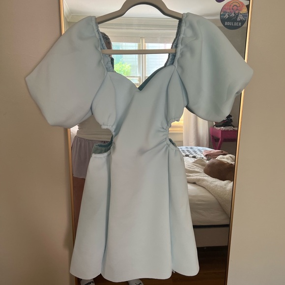 ASOS DESIGN puff sleeve cut out channelled aline mini dress in mint - Picture 3 of 6